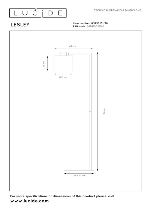 Lucide LESLEY - Floor lamp - 1xE27 - Black - technical